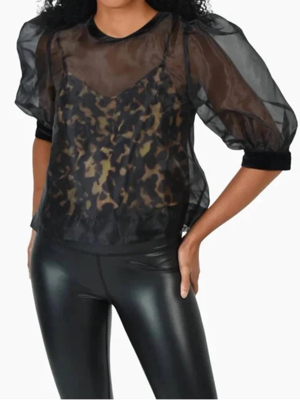 Emily McCarthy Bella Sheer Black Puff Sleeve Top with Leopard Cami Sz-